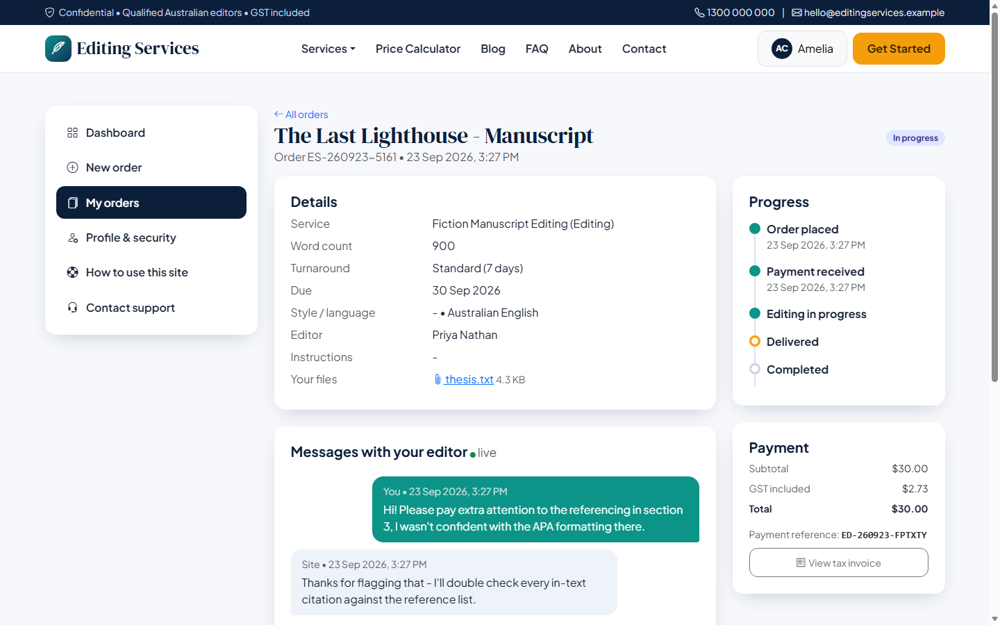 Track progress & chat with your editor